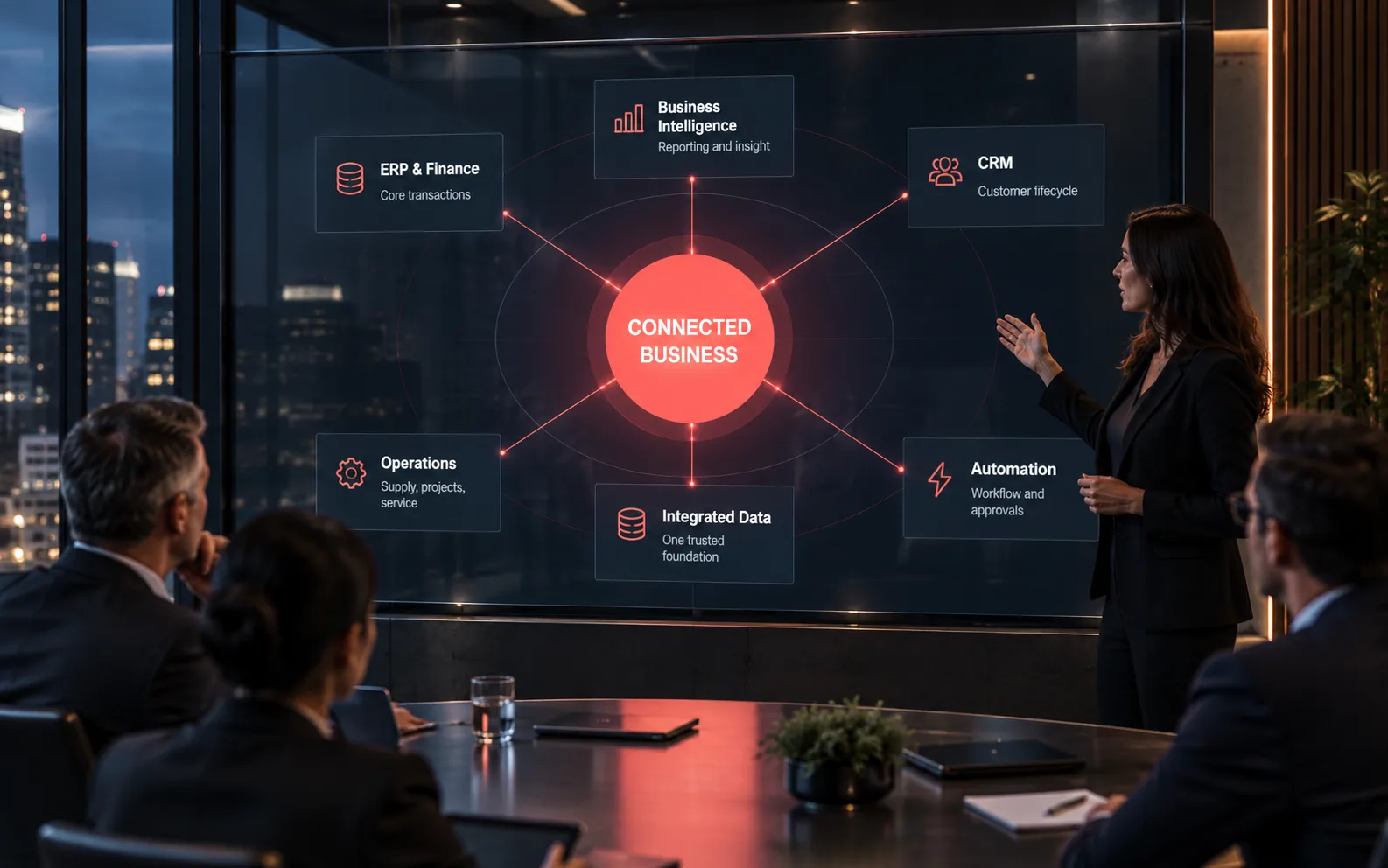 Business presentation illustrating connected ERP, finance, CRM, operations, automation, business intelligence and integrated data systems